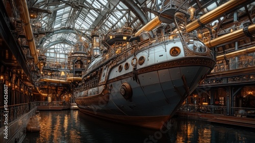 A Whimsical Steampunk Airship Docked at a Skyport, Surrounded by Brass Pipes and Victorian Architecture  photo