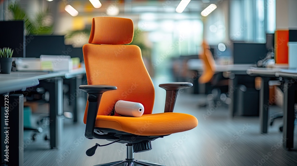a chair with an airhorn taped under the seat, set in a brightly lit office. a chair with an airhorn taped under the seat, set in a brightly lit office.