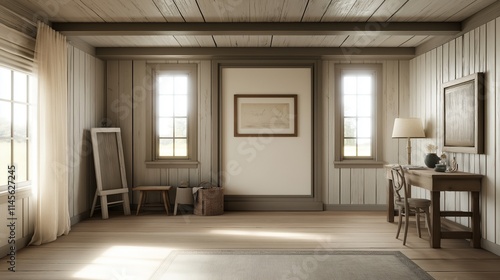 Wallpaper Mural Mockup frame in farmhouse living room interior, 3d render Torontodigital.ca