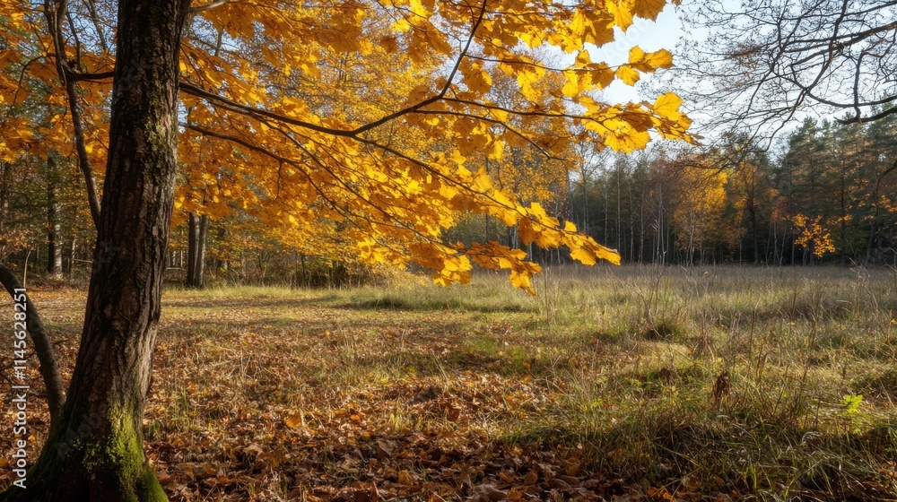 Vibrant autumn foliage illuminates a serene forest clearing in the early morning light Vibrant autumn foliage illuminates a serene forest clearing in the early morning light