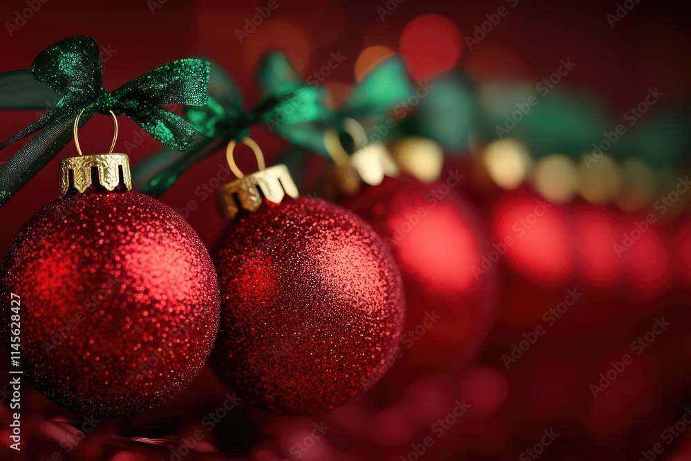 A festive row of mixed-size red baubles, some with glittery finishes, tied with green and gold ribbons at the top. A festive row of mixed-size red baubles, some with glittery finishes, tied with green and gold ribbons at the top.