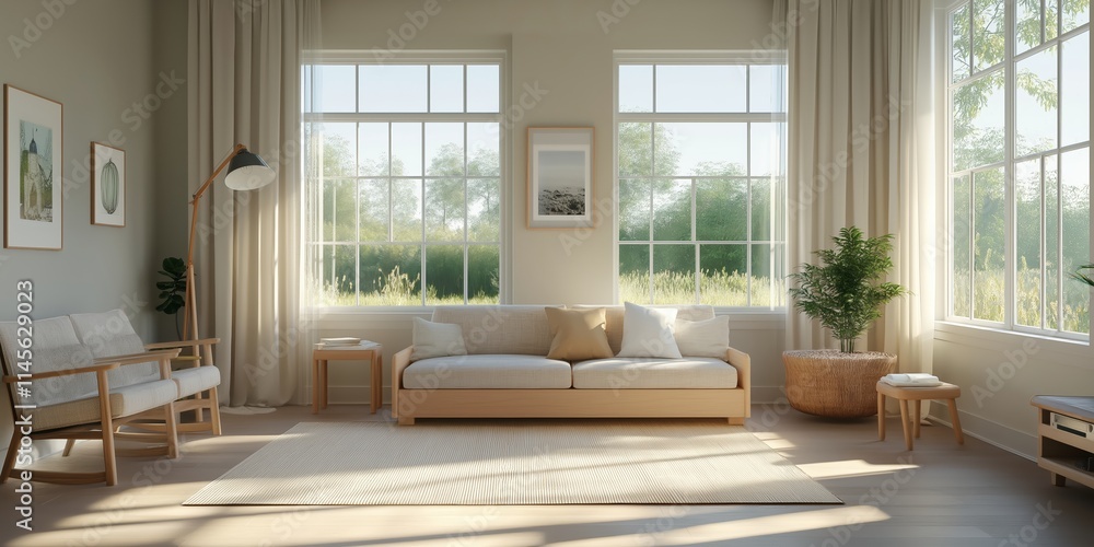 Obraz premium Mockup frame in farmhouse living room interior, 3d render
