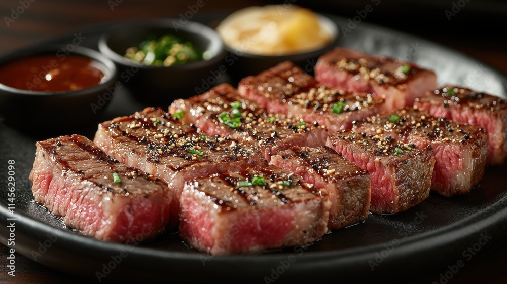 Medium-Rare Steak with Sesame Seeds, Colored Condiments in Restaurant Setting for Food Promotion Medium-Rare Steak with Sesame Seeds, Colored Condiments in Restaurant Setting for Food Promotion