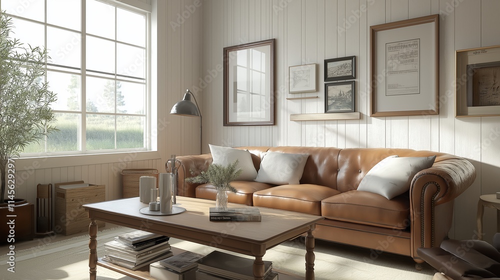 Mockup frame in farmhouse living room interior, 3d render Mockup frame in farmhouse living room interior, 3d render