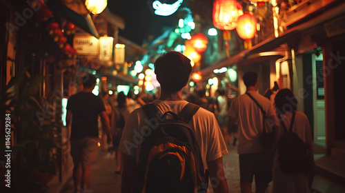 Wallpaper Mural A lone traveler with a backpack walks through a vibrant, brightly lit night market. Red lanterns illuminate the bustling street, creating a warm, inviting atmosphere. Torontodigital.ca