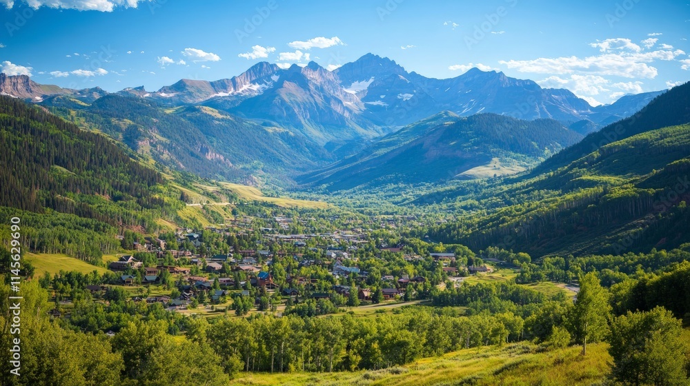Obraz premium Small Town Nestled in a Serene Valley Surrounded by Majestic Mountains