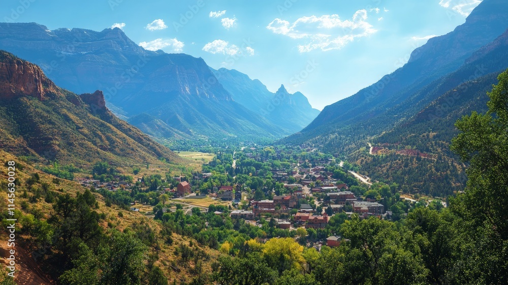 Small Town Nestled in a Valley Surrounded by Majestic Mountains Small Town Nestled in a Valley Surrounded by Majestic Mountains
