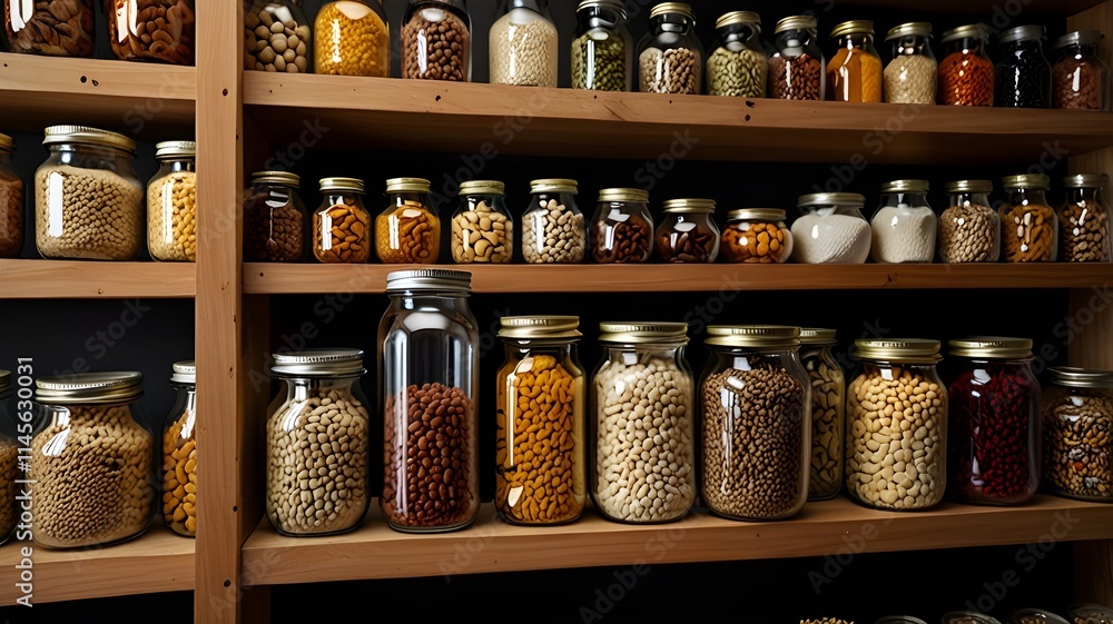 A set of glass jars filled with grains, nuts, and seeds, neatly arranged on open shelves A set of glass jars filled with grains, nuts, and seeds, neatly arranged on open shelves