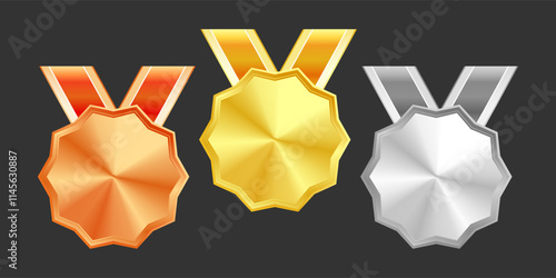 Shiny gold, silver, and bronze award medals with colorful ribbons. Medal of winners and achievements