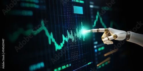 AI in data analytics concept. Hand of a humanoid robot, artificial intelligence, pointing at complex data dashboards for datum business, science, and technology analysis