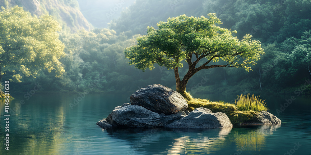 Fototapeta premium Solitary Tree Growing on Rock in Peaceful Lake