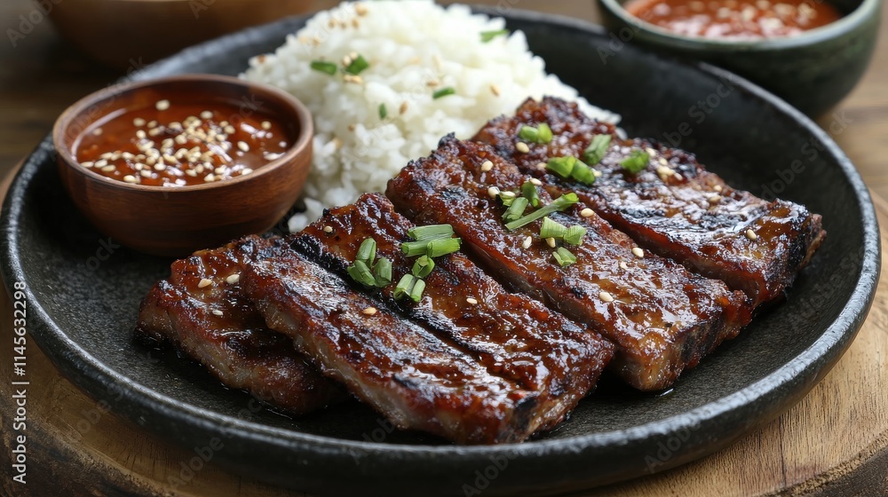 Grilled Skewers with Glaze, Dark Plate on Black Ceramic Dish, Served with White Rice Garnished with Sesame Seeds - Food Stock Photography for Restaurant Menus or Asian Cuisine Advertisements Grilled Skewers with Glaze, Dark Plate on Black Ceramic Dish, Served with White Rice Garnished with Sesame Seeds - Food Stock Photography for Restaurant Menus or Asian Cuisine Advertisements