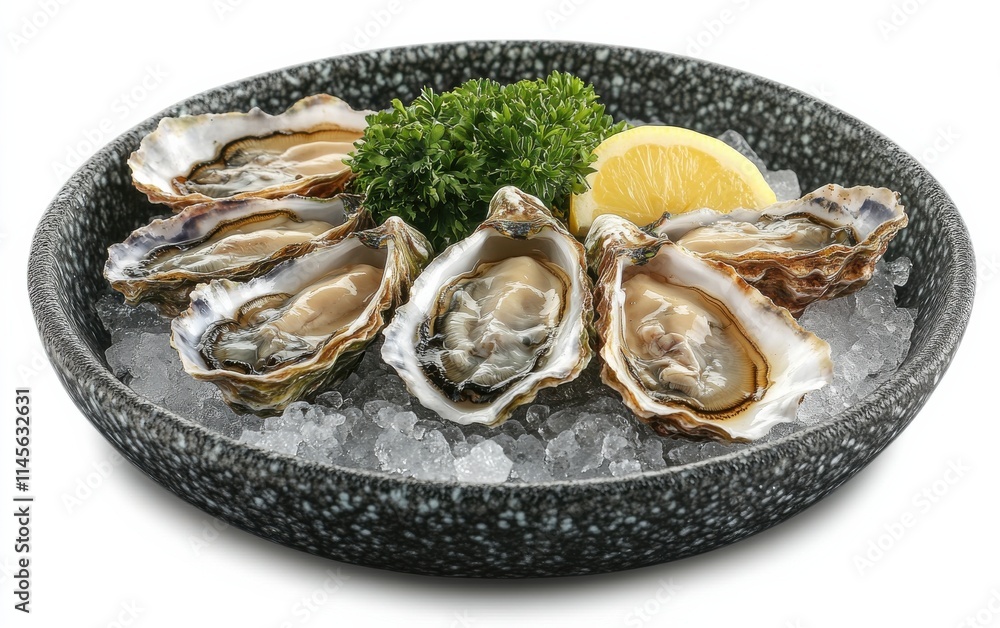 Oysters on Grey Grated Surface, Open-Shelled with Central Garnish on Ice, for Food Photography or Seafood Marketing Oysters on Grey Grated Surface, Open-Shelled with Central Garnish on Ice, for Food Photography or Seafood Marketing
