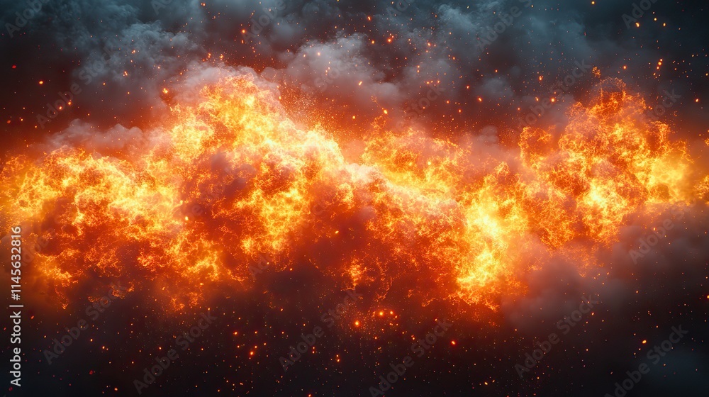 Fototapeta premium A fiery explosion with smoke represents danger, destruction, and burning energy, creating an inferno effect.