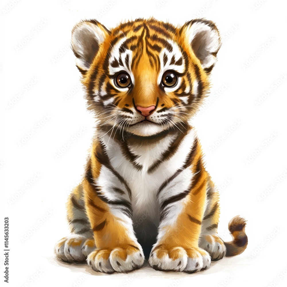 Naklejka premium Playful baby tiger cub with wide eyes in a high fidelity setting captured in a bright natural environment