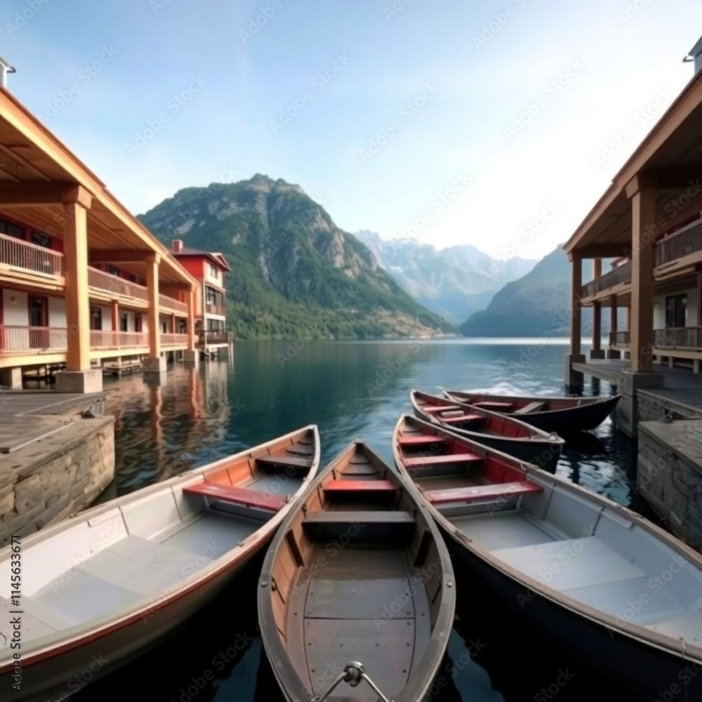 Fototapeta premium Rowboats moored in lake against mountains range
