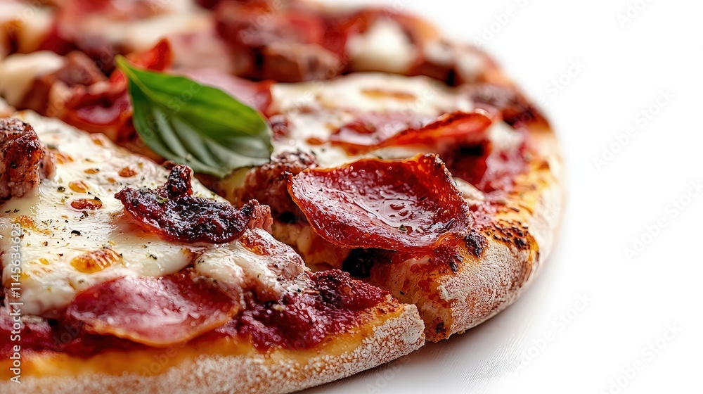 Close-up of delicious meat pizza with melted cheese and basil. Close-up of delicious meat pizza with melted cheese and basil.