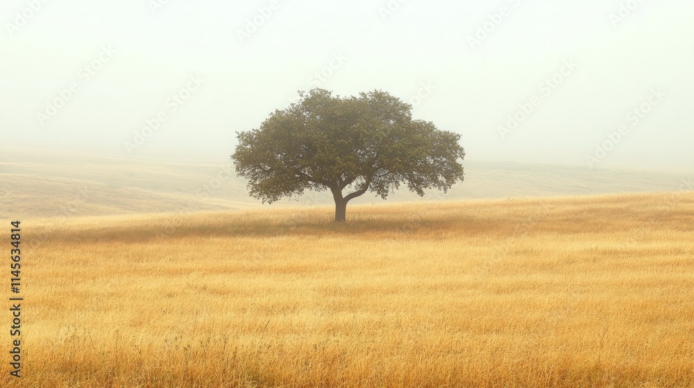 Solitary Oak Tree Standing Alone in a Misty Landscape Solitary Oak Tree Standing Alone in a Misty Landscape