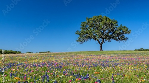 Wallpaper Mural Solitary Blooming Tree in Colorful Field Under Clear Blue Sky Torontodigital.ca