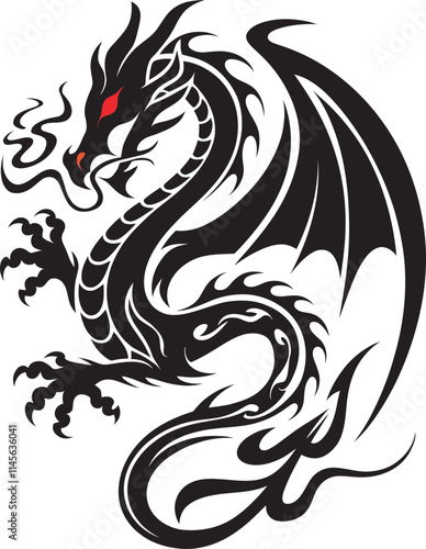 A vector illustration of a tribal-inspired design featuring a stylized dragon with white background, dragon tattoo design