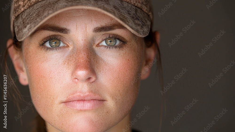 Close-up portrait of a young woman with freckles wearing a baseball cap. Close-up portrait of a young woman with freckles wearing a baseball cap.