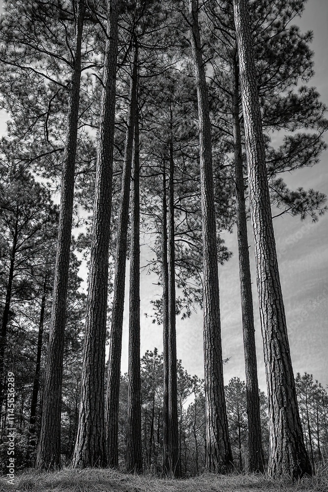 Naklejka premium Towering loblolly pines stand together, sun illuminating their distant sides