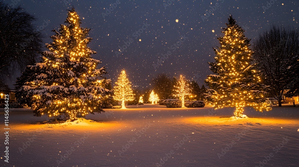 A magical winter night with a starry sky, glowing Christmas lights on every tree, and soft snow covering the ground. A magical winter night with a starry sky, glowing Christmas lights on every tree, and soft snow covering the ground.