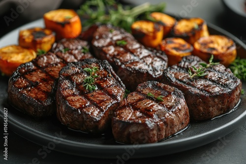 Grilled Meat and Vegetables Plate against Dark Background for Culinary or Lifestyle Themes