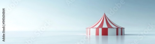 A red and white circus tent is standing on a snowy field