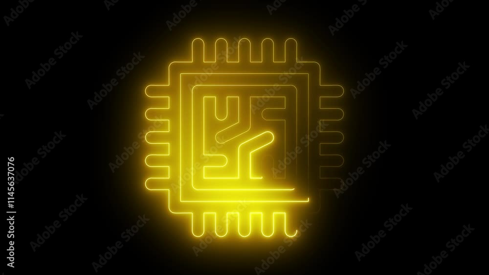 CPU icon animation by yellow color neon on black background. CPU icon animation by yellow color neon on black background.