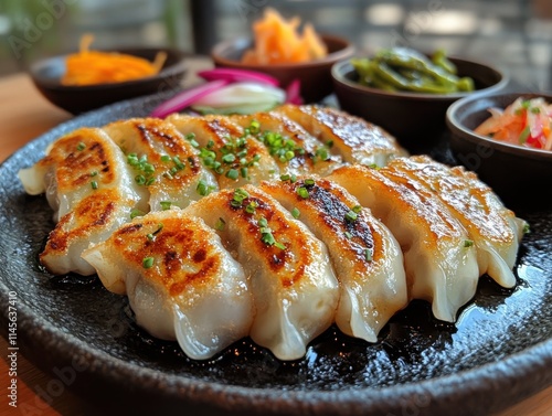 Steamed Dumplings, Golden-brown exterior, Green herbs & sesame seeds, Black plate, Dining table, Soft ambient lighting, Condiments for dipping