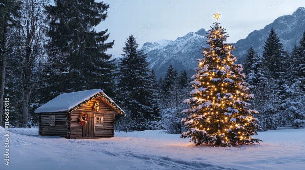 winter landscape with a snow-covered forest and a small wooden cabin glowing with warm light. A decorated Christmas tree stands in front of the cabin. winter landscape with a snow-covered forest and a small wooden cabin glowing with warm light. A decorated Christmas tree stands in front of the cabin.