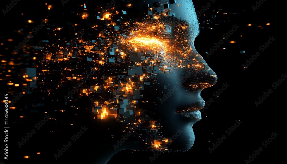 Fragmented digital human face made of interconnected cubes, representing the fusion of AI and technology, with a glowing, hightech appearance Fragmented digital human face made of interconnected cubes, representing the fusion of AI and technology, with a glowing, hightech appearance