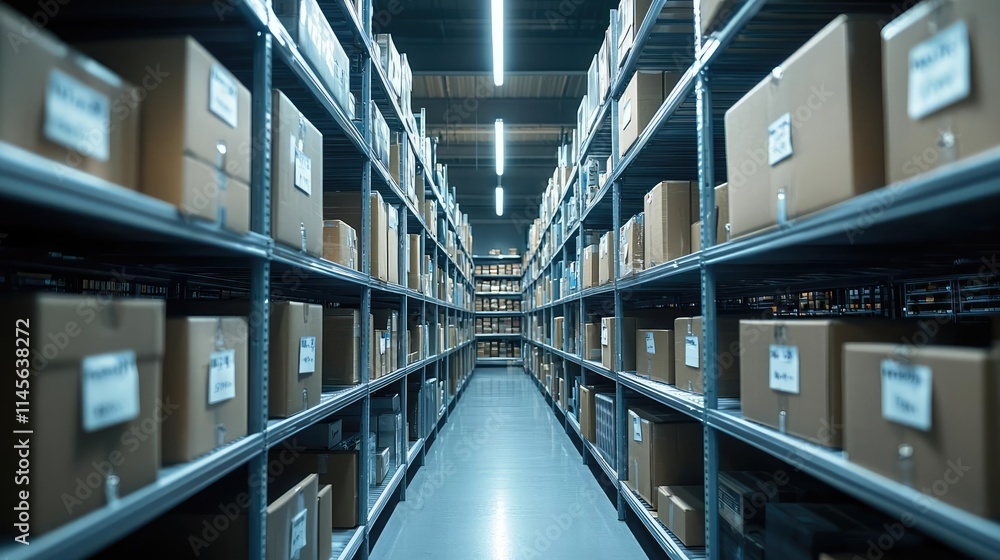 Inventory management concept. A view of organized cardboard boxes on shelves in a modern warehouse. Inventory management concept. A view of organized cardboard boxes on shelves in a modern warehouse.