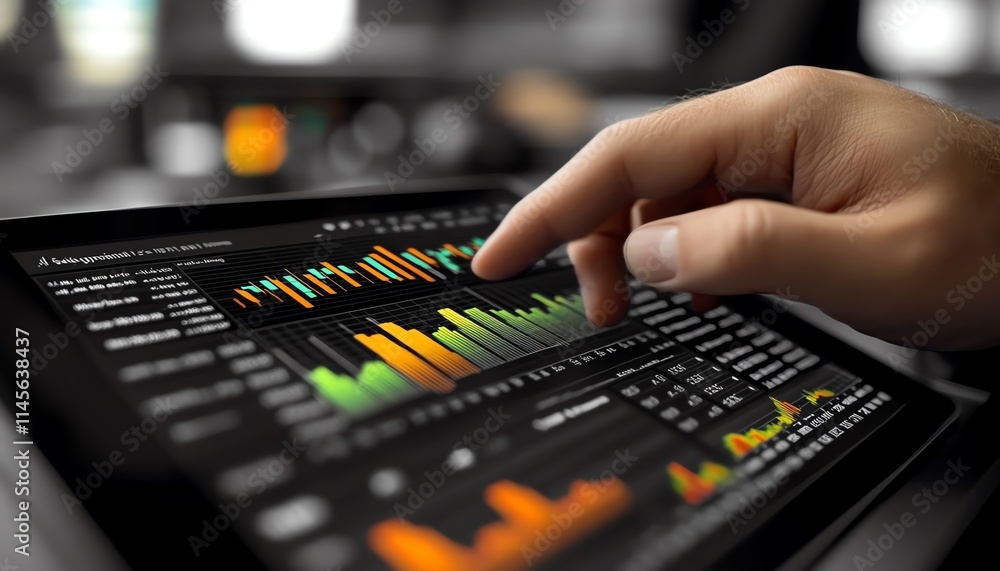 Hand interacting with dynamic financial graphs on a tablet, showcasing realtime analytics, emphasizing modern investment strategies and business technology innovation Hand interacting with dynamic financial graphs on a tablet, showcasing realtime analytics, emphasizing modern investment strategies and business technology innovation