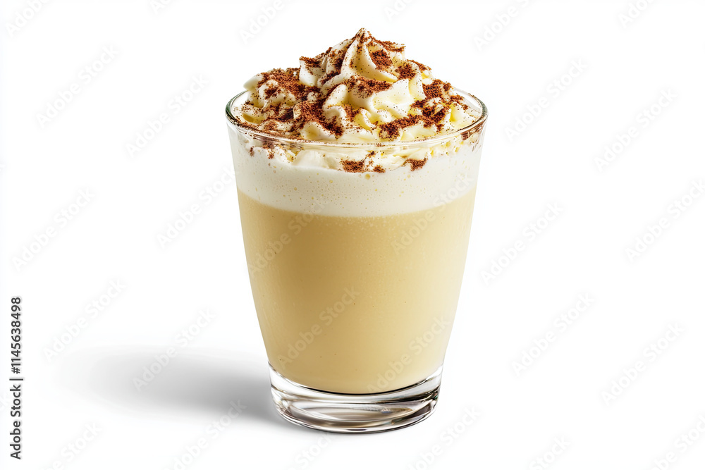 Glass of eggnog with cinnamon sprinkled on top, isolated on a white background, perfect for Christmas beverages Glass of eggnog with cinnamon sprinkled on top, isolated on a white background, perfect for Christmas beverages