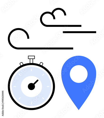 Stopwatch wind lines location pin. Ideal for navigation, speed, time management, travel, efficiency, precision, meteorology themes Line metaphor