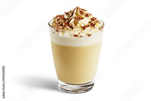 Glass of eggnog with cinnamon sprinkled on top, isolated on a white background, perfect for Christmas beverages