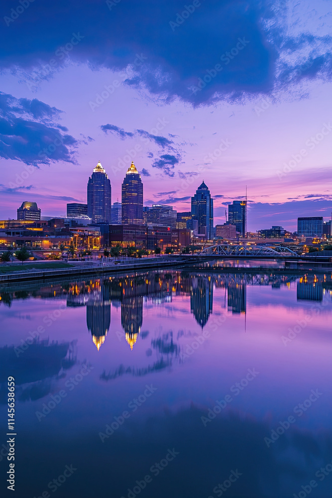 Naklejka premium Urban skyline at dusk with city lights reflecting on the river