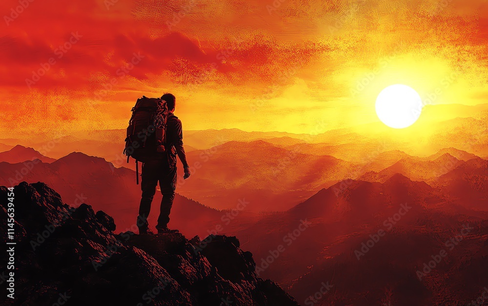 Mountain man with a backpack crossing a mountain pass, dramatic sunset with warm and cool tones illuminating the landscape Mountain man with a backpack crossing a mountain pass, dramatic sunset with warm and cool tones illuminating the landscape