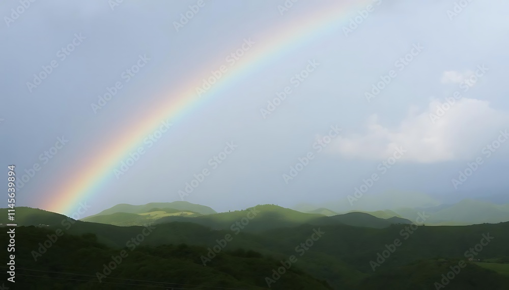 Rainbow Arcing Over Lush Green Mountain Landscape Rainbow Arcing Over Lush Green Mountain Landscape