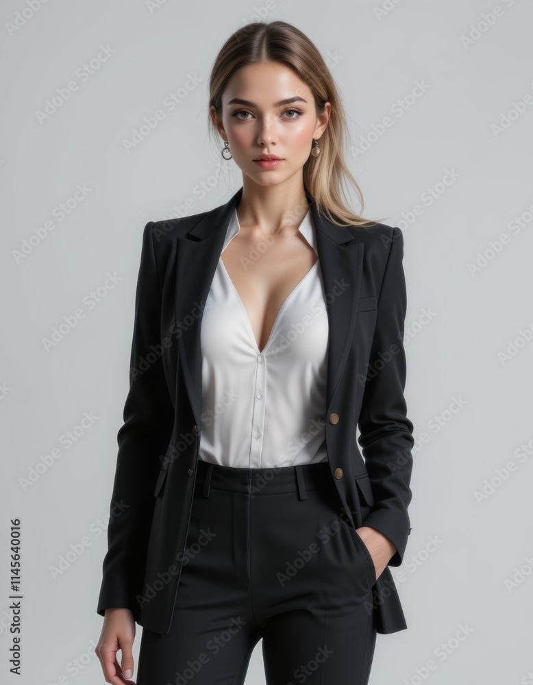 Smiling woman in dark suit, white shirt on white background. Suitable for business, professional, corporate concepts in design projects. Smiling woman in dark suit, white shirt on white background. Suitable for business, professional, corporate concepts in design projects.