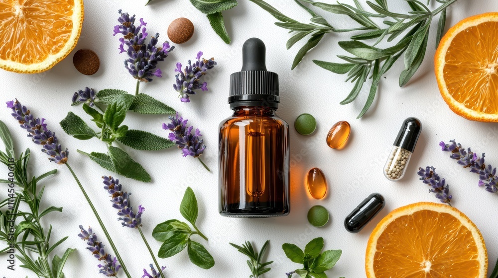 Overhead view of essential oils and herbal ingredients in a natural home workspace setting Overhead view of essential oils and herbal ingredients in a natural home workspace setting