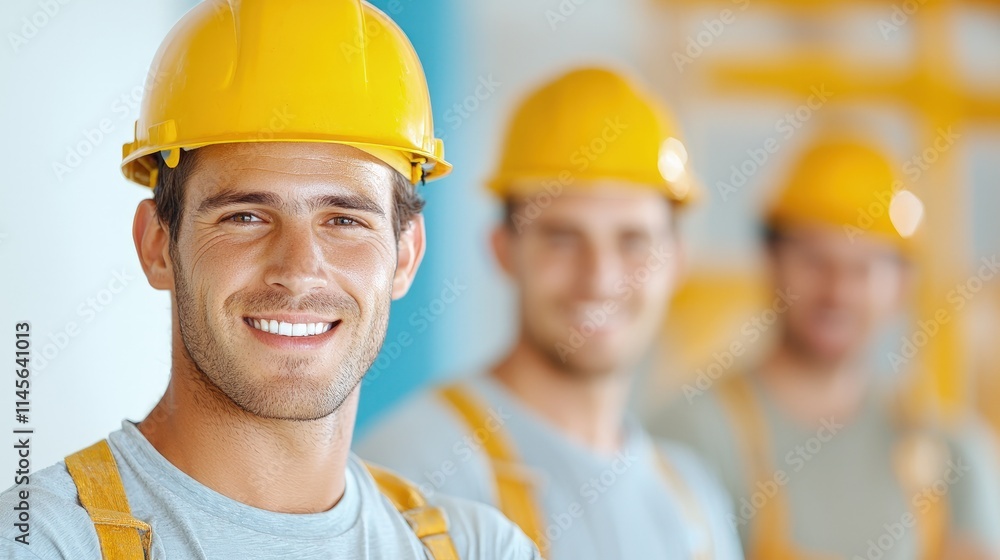 Smiling construction worker in yellow hard hat with team. Smiling construction worker in yellow hard hat with team.