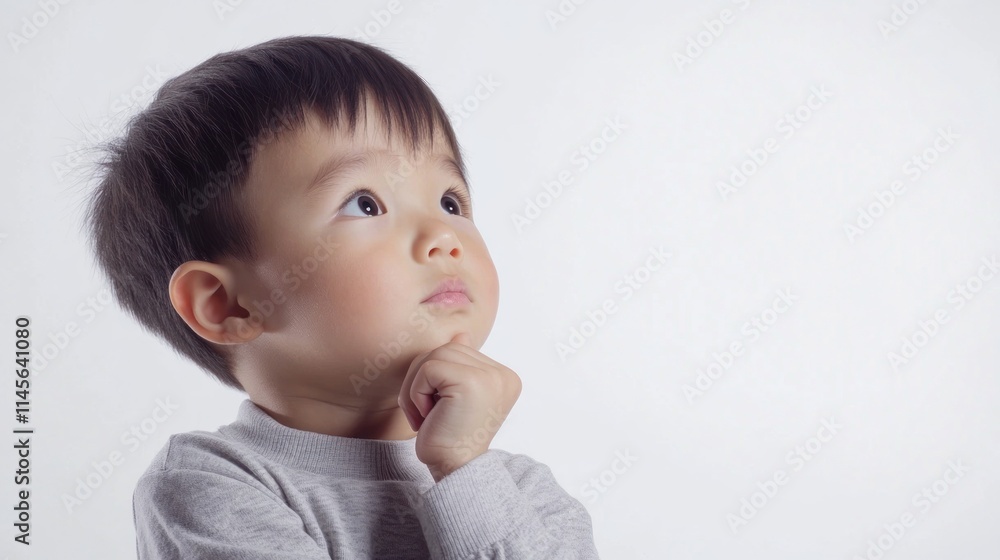 A curious toddler boy looks upward, hand on chin, against a white background. A curious toddler boy looks upward, hand on chin, against a white background.
