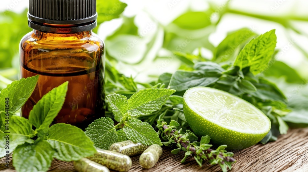 Essential oil extraction techniques using herbs and lime nature educational content close-up view Essential oil extraction techniques using herbs and lime nature educational content close-up view