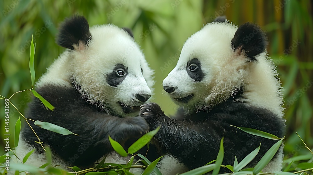 Naklejka premium Two adorable panda cubs face each other amidst lush green bamboo.