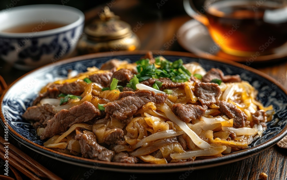 Stir-fried noodles with beef, sesame seeds, and spring onion plated on dark blue dish, wooden table setting Stir-fried noodles with beef, sesame seeds, and spring onion plated on dark blue dish, wooden table setting