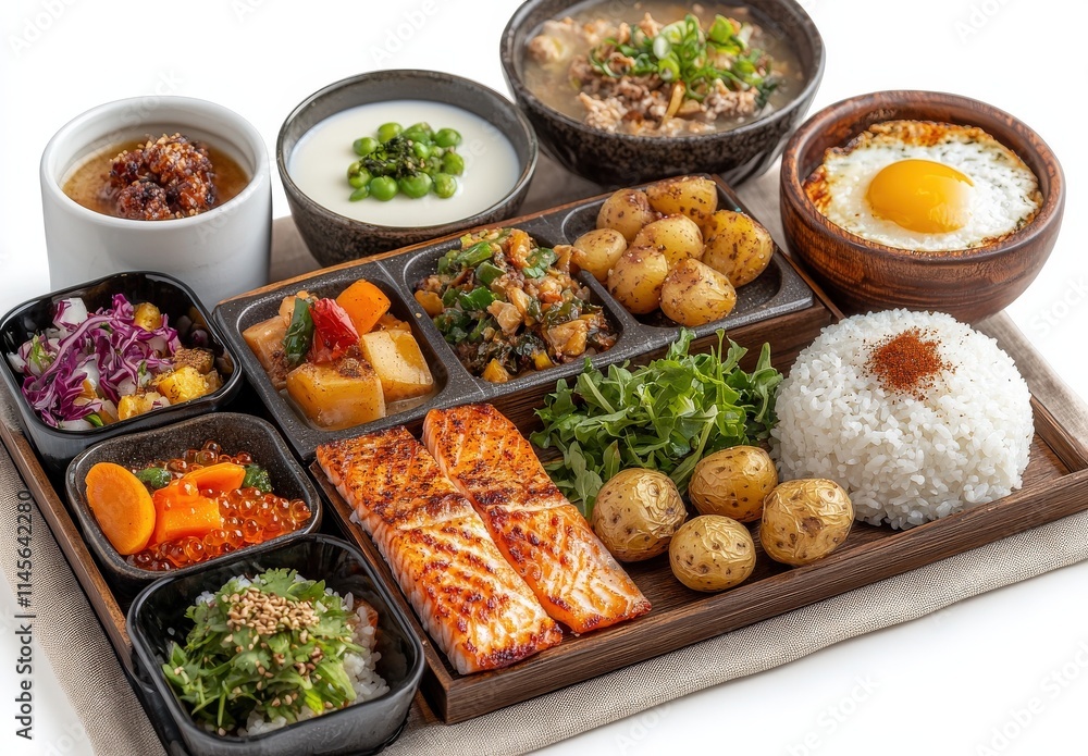 Delicious and healthy Japanese-style bento box with grilled salmon, rice, various vegetables, and sauces. Perfect for a nutritious and visually appealing meal. Delicious and healthy Japanese-style bento box with grilled salmon, rice, various vegetables, and sauces. Perfect for a nutritious and visually appealing meal.