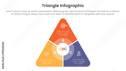 triangle base shape infographic template banner with round triangle with circle on center and slice shape with 3 point for slide presentation